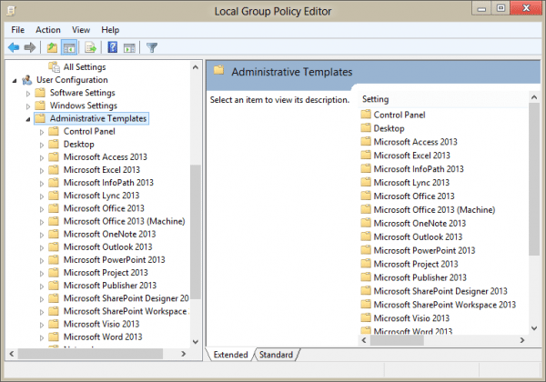 The group policy window with Office policy templates