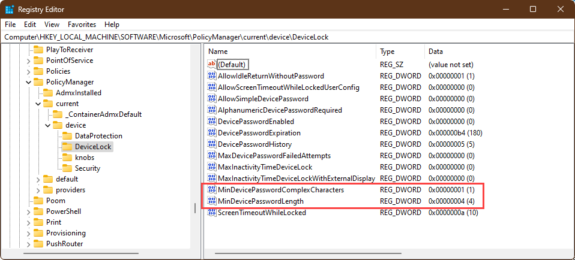 Change password or pin complexity